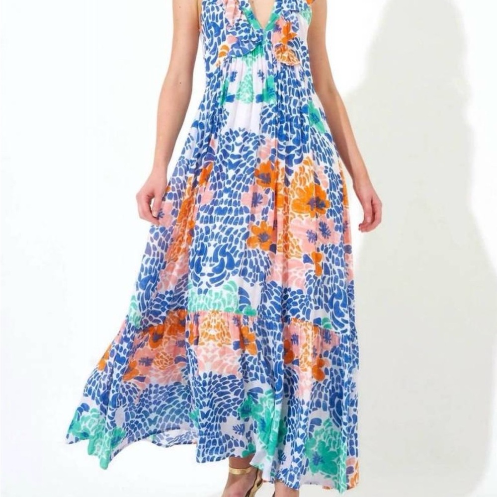Oliphant Vibrant Blue and Orange Floral Maxi Dress